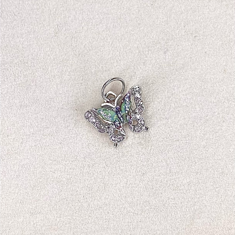 Sparkling Butterfly Charm Pendant – Silver Tone w/Crystal & Pastel Enamel-green